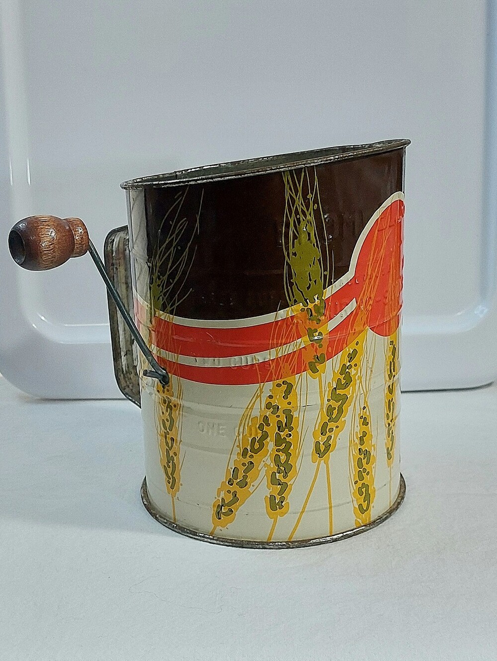 Vintage 3 C. Bromwells Wheat Pattern Hand-Crank Flour Sifter in Brown and Yellow
